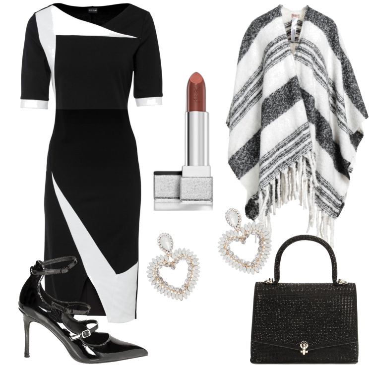 Outfit donna - Buon Anno. Stile Bon Ton per Serata fuori. Abbinamento con vestiti a tubino, cappotti, rossetti, borse a mano, décolleté, orecchini.