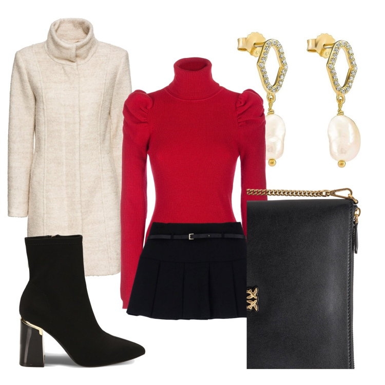 Outfit donna - Pranzo di Natale. Stile Casual chic per Serata fuori. Abbinamento con cappotti, borse a tracolla, maglieria, minigonne, stivaletti, orecchini.