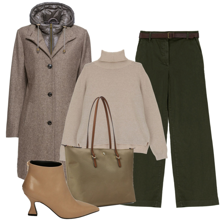 Outfit donna - City. Stile Minimal per Tutti i giorni. Abbinamento con cappotti, pantaloni a palazzo, maglieria, stivaletti, borse tote.