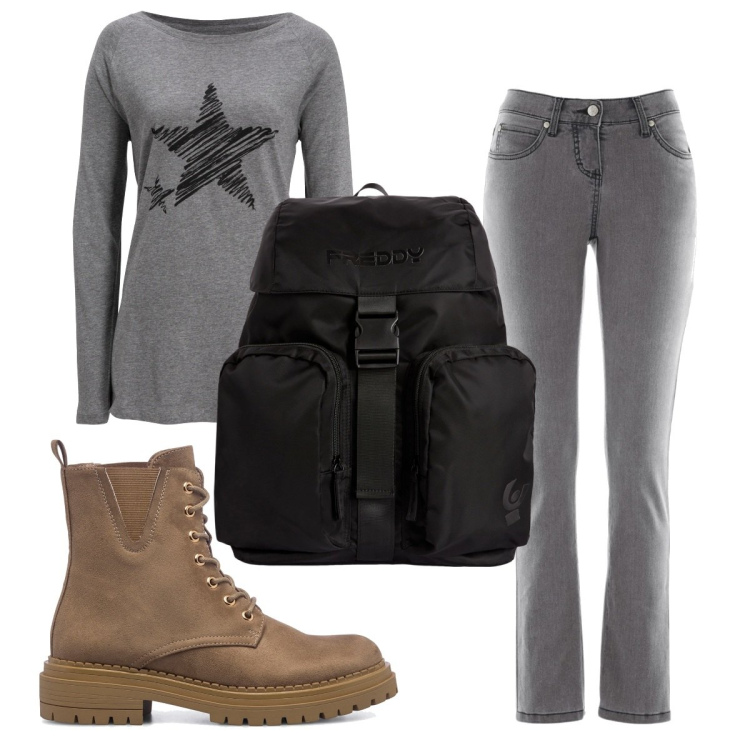Outfit donna - Total look #1786763. Stile Basic per Tutti i giorni. Abbinamento con jeans slim fit, maglieria, zaini, anfibi.