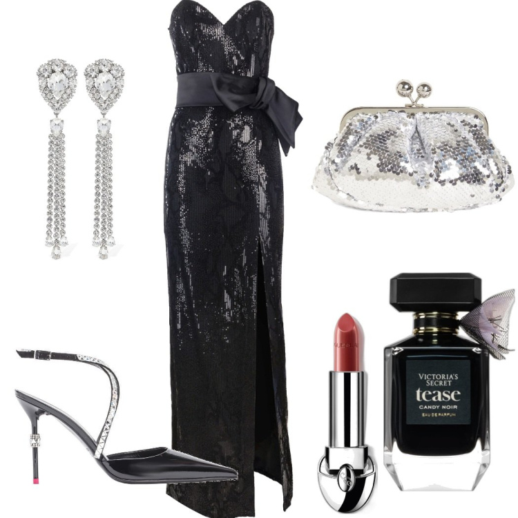 Outfit donna - Nero elegante paillettes scintillanti. Stile Chic per Cerimonia. Abbinamento con profumi, rossetti, scarpe col tacco, vestiti lunghi, orecchini, pochette.