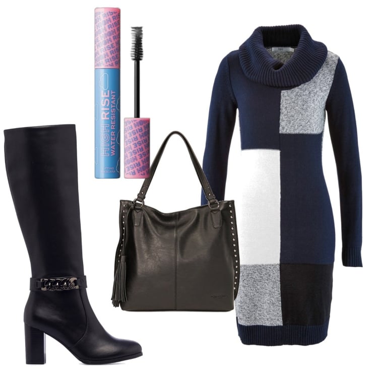 Outfit donna - Total look #1786778. Stile Trendy per Tutti i giorni. Abbinamento con vestiti midi/longuette, mascara, borse a spalla, stivali sopra il ginocchio.