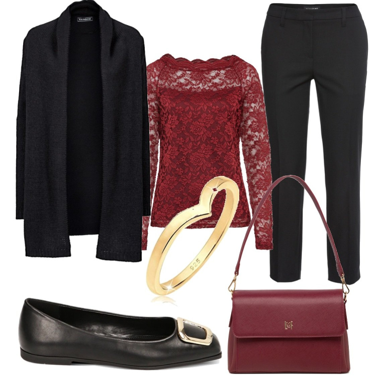 Outfit donna - Comoda con la ballerina. Stile Chic per Serata fuori. Abbinamento con maglieria, cardigans, pantaloni, ballerine, borse a tracolla, anelli.