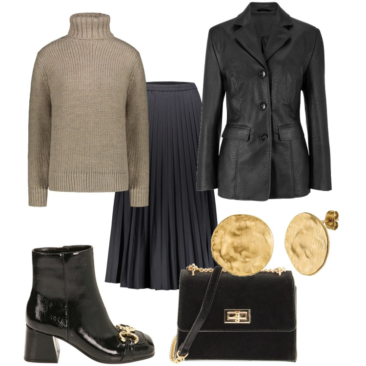 Outfit donna - Total look #1786807. Stile Vintage retrò per Tutti i giorni. Abbinamento con blazer, stivaletti, borse a tracolla, gonne lunghe, maglieria, orecchini.