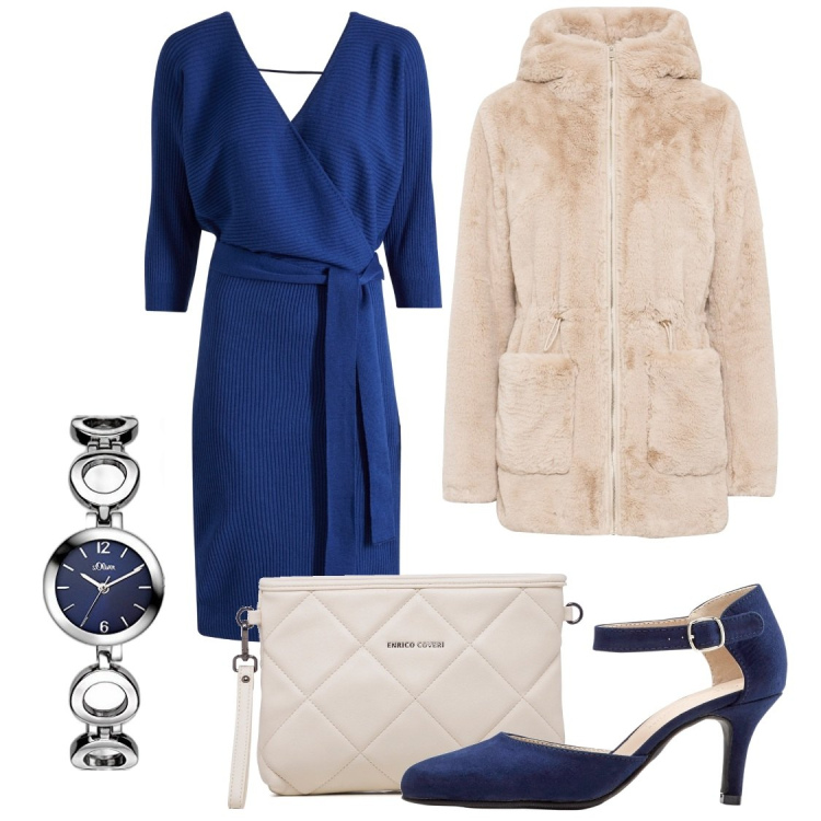 Outfit donna - Natale...in blu. Stile Chic per Serata fuori. Abbinamento con ecopellicce, décolleté, vestiti, borse a tracolla, orologi.