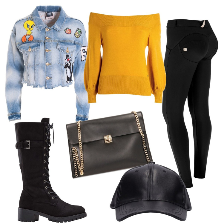 Outfit donna - Total look #1786813. Stile Urban per Serata fuori. Abbinamento con stivali, maglieria, blazer, pantaloni skinny, borse a spalla, cappelli.