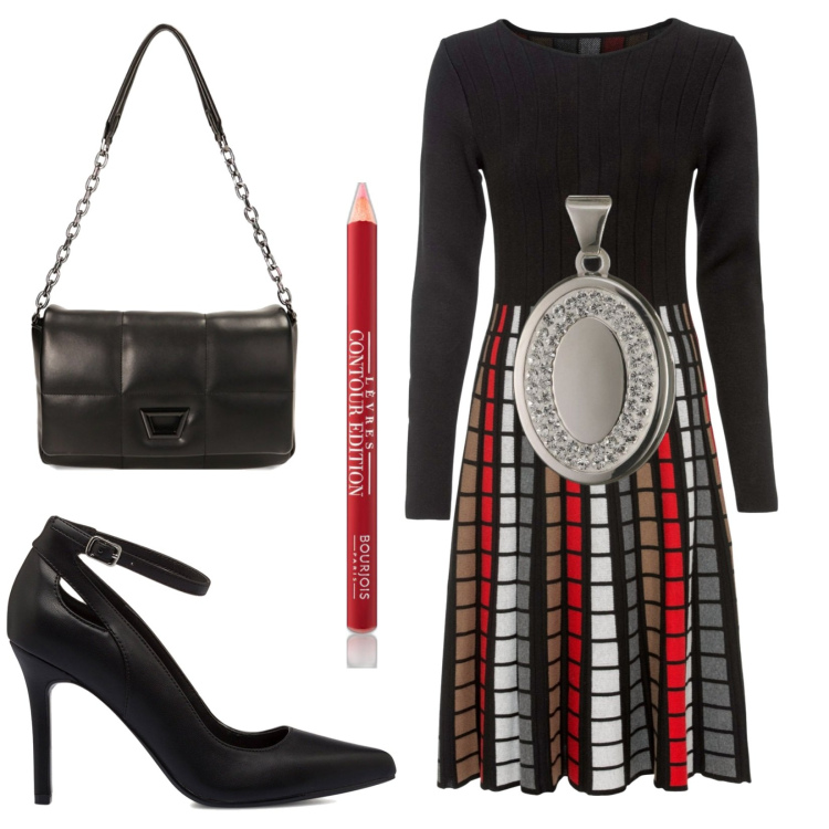 Outfit donna - Total look #1786816. Stile Vintage retrò per Serata fuori. Abbinamento con vestiti, matite labbra, borse a tracolla, décolleté, ciondoli.