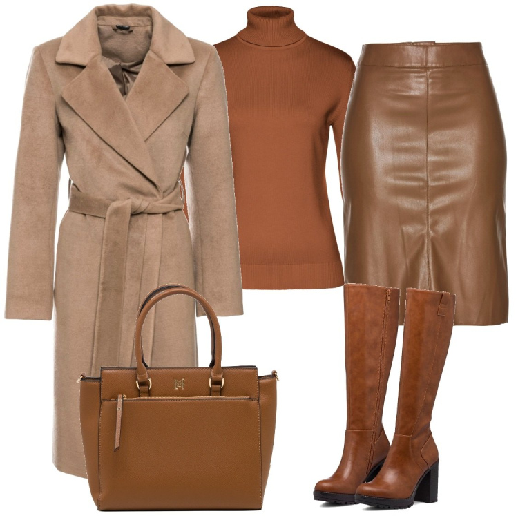 Outfit donna - Color caramello. Stile Glamour per Ufficio. Abbinamento con gonne longuette, maglieria, cappotti, stivali sopra il ginocchio, borse a mano.