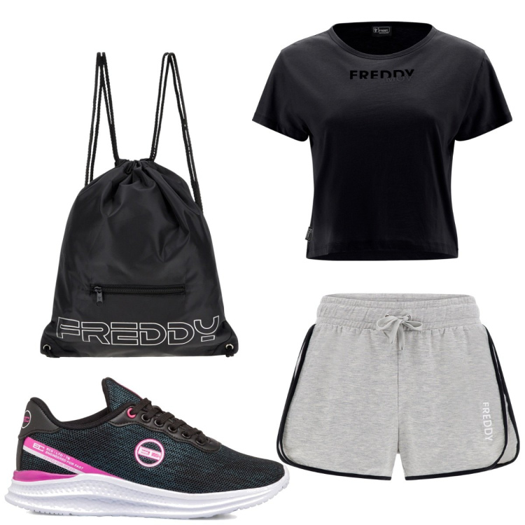 Outfit donna - Total look #1786824. Stile Basic per Sport. Abbinamento con zaini, shorts, t-shirt, sneakers.