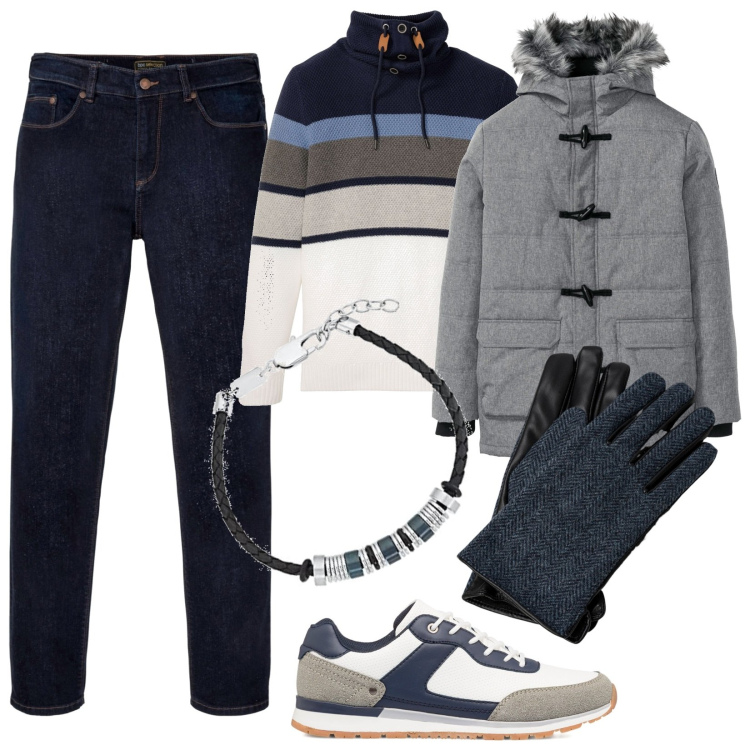 Outfit uomo - Aspettando gennaio. Stile Casual per Tutti i giorni. Abbinamento con maglieria, jeans dritti, piumini, sneakers, guanti, braccialetti.