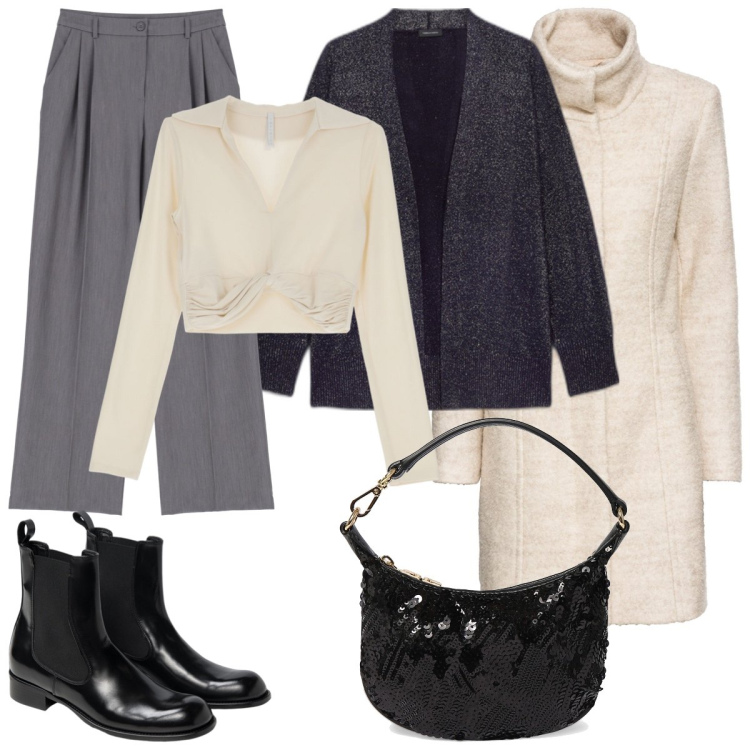 Outfit donna - Femminile maschile. Stile Mannish per Serata fuori. Abbinamento con cappotti, maglieria, pantaloni a palazzo, stivaletti chelsea, cardigans, pochette.