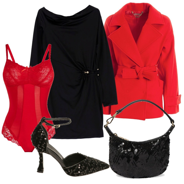 Outfit donna - Natale....in rosso. Stile Chic per Serata fuori. Abbinamento con body, vestiti corti, cappotti, décolleté, pochette.