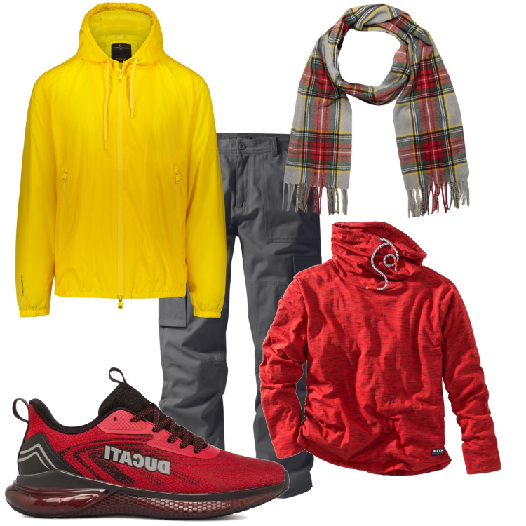Outfit uomo - Marvel e arrampicata. Stile Casual per Sport. Abbinamento con maglieria, pantaloni cargo, sneakers, giacche, sciarpe.