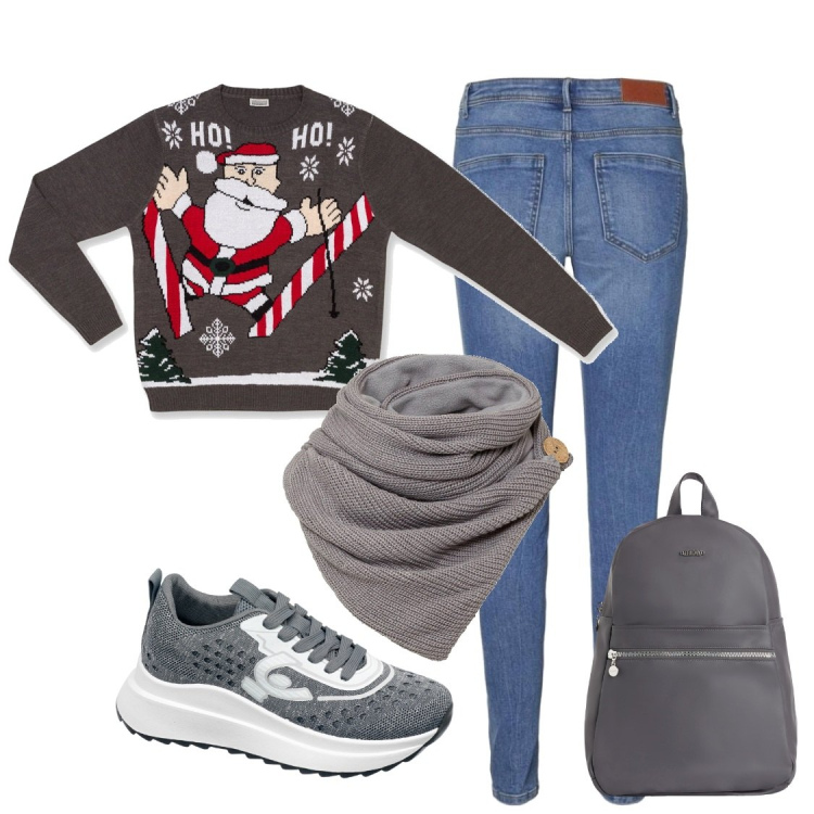 Outfit donna - Semplice. Stile Casual per Tutti i giorni. Abbinamento con foulard, sneakers, zaini, maglieria, jeans skinny.