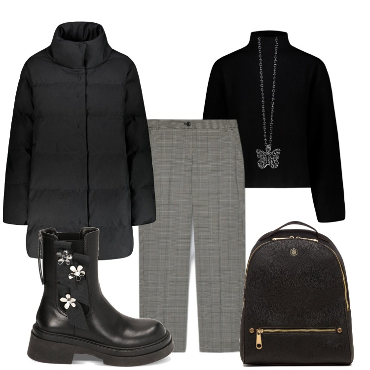 Outfit donna - Total look #1786846. Stile Casual per Ufficio. Abbinamento con collane, stivaletti chelsea, zaini, piumini, maglieria, pantaloni a palazzo.