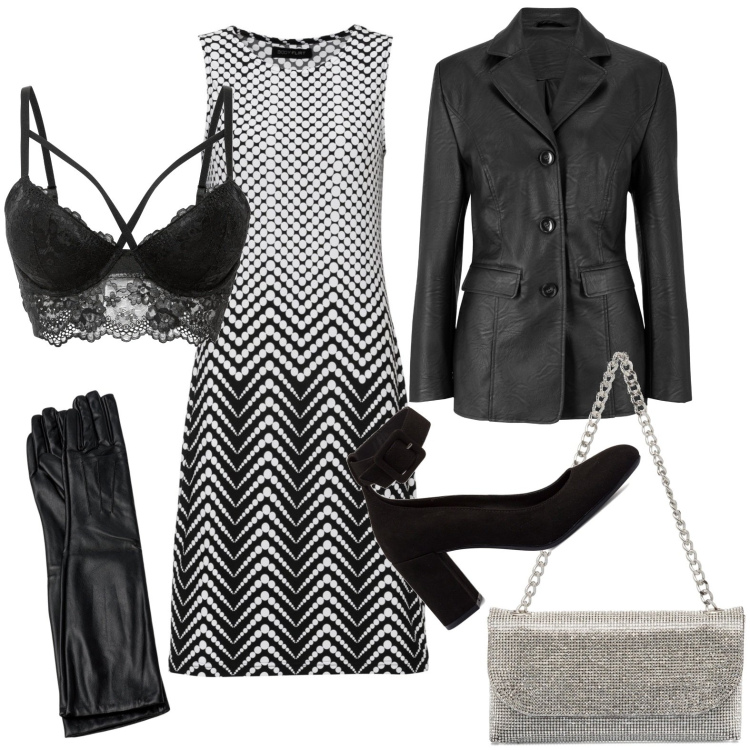 Outfit donna - L\'abito optical. Stile Glamour per Serata fuori. Abbinamento con blazer, vestiti, reggiseni, clutch, décolleté, guanti.