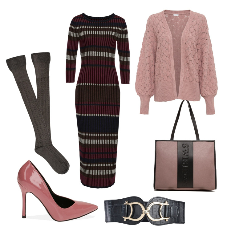 Outfit donna - Protagoniste le scarpe. Stile Chic per Ufficio. Abbinamento con cardigans, vestiti lunghi, cinture, décolleté, borse a spalla, collant.