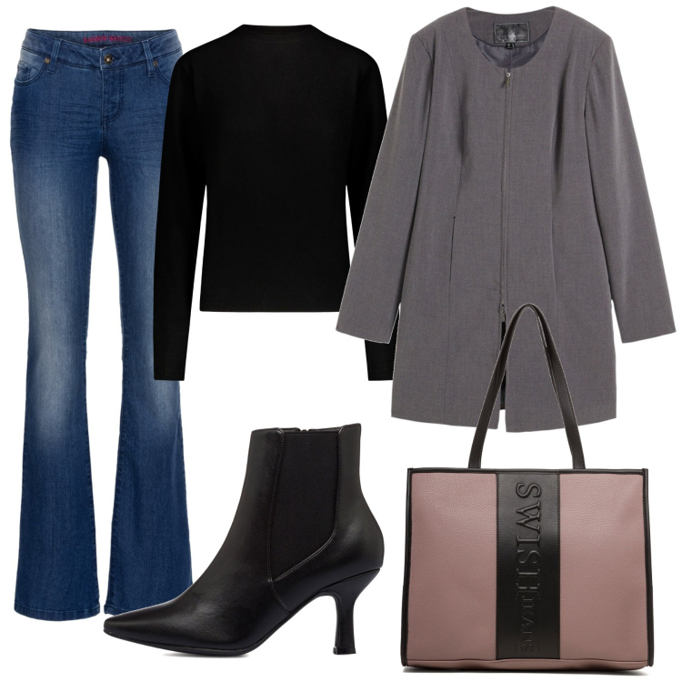 Outfit donna - Cappottino aderente grigio. Stile Bon Ton per Tutti i giorni. Abbinamento con jeans bootcut, blazer, borse a spalla, stivaletti, maglieria.