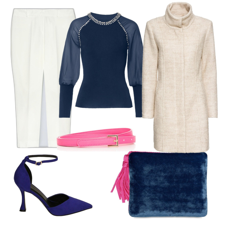 Outfit donna - Vigilia in bianco e blu. Stile Chic per Serata fuori. Abbinamento con cappotti, maglieria, cinture, décolleté, pantaloni, pochette.