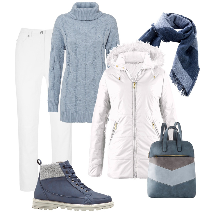 Outfit donna - Passeggiando tra le nuvole. Stile Casual per Tutti i giorni. Abbinamento con pantaloni, stivaletti, maglieria, giacche, zaini, sciarpe.