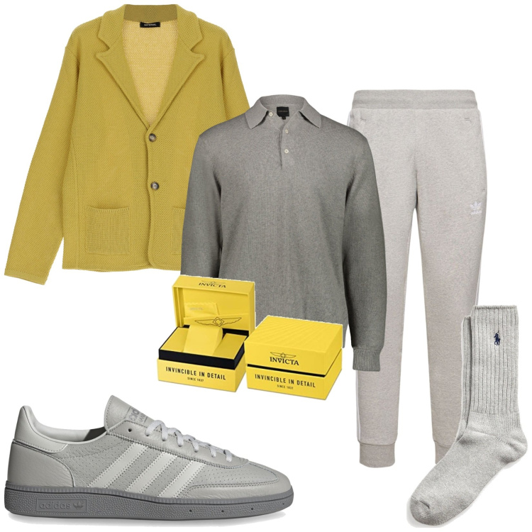 Outfit uomo - Un tocco di giallo. Stile Casual per Tutti i giorni. Abbinamento con giacche, calzini, sneakers, pantaloni, polo, orologi.
