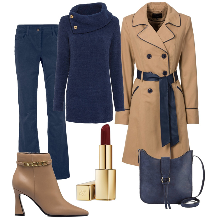 Outfit donna - Colazione in blu. Stile Casual chic per Tutti i giorni. Abbinamento con maglieria, trench, pantaloni, borse a tracolla, rossetti, stivaletti.