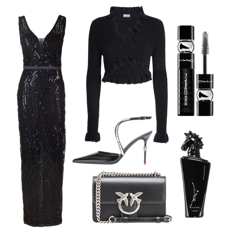 Outfit donna - All That Glitters. Stile Glamour per Serata fuori. Abbinamento con profumi, mascara, borse a tracolla, scarpe col tacco, vestiti lunghi, bolero.
