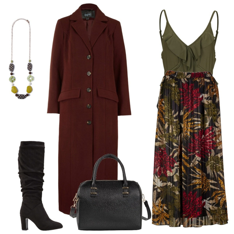 Outfit donna - Total look #1786913. Stile Glamour per Serata fuori. Abbinamento con costumi interi, cappotti, gonne lunghe, stivali sopra il ginocchio, borse a mano, collane.