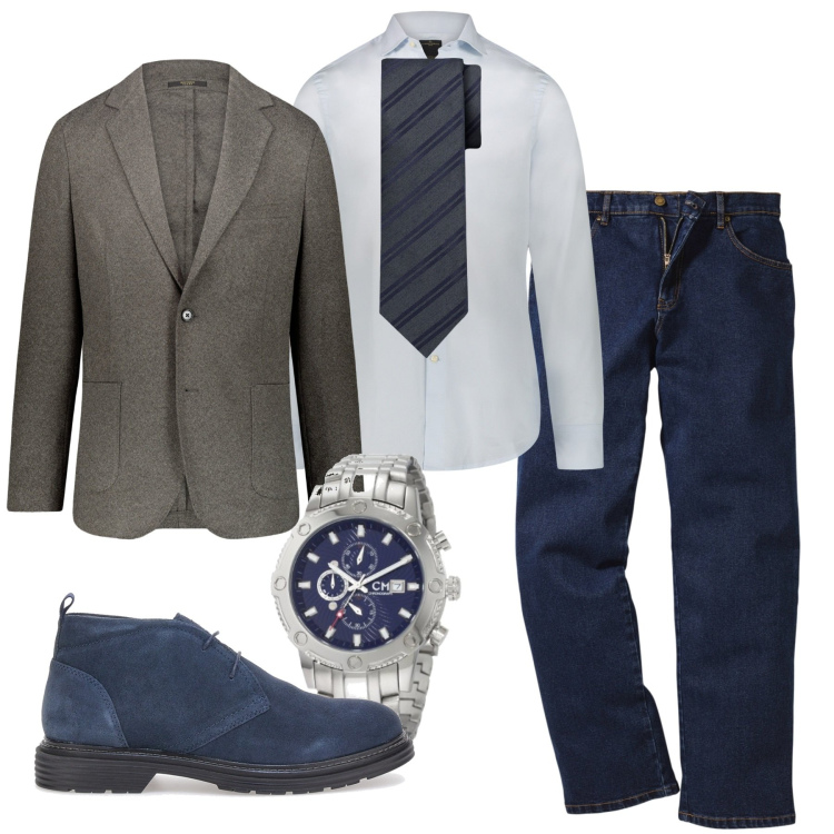 Outfit uomo - Pomeriggio e sera. Stile Trendy per Tutti i giorni. Abbinamento con jeans dritti, giacche, orologi, camicie, cravatte, scarpe stringate.