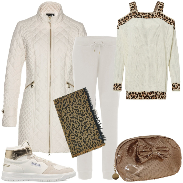 Outfit donna - Total look #1786928. Stile Casual per Tutti i giorni. Abbinamento con blazer, maglieria, pantaloni sportivi, sneakers alte, clutch, sciarpe.