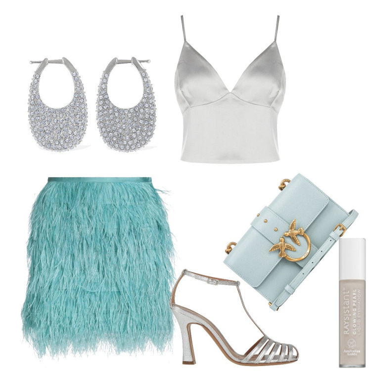 Outfit donna - Total look #1786933. Stile Glamour per Serata fuori. Abbinamento con sandali in pelle, minigonne, ombretti, borse a tracolla, top, orecchini.