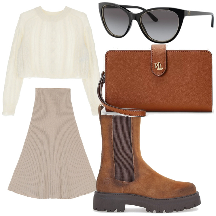 Outfit donna - In città. Stile Urban per Tutti i giorni. look ideale per Petite. Abbinamento con gonne longuette, maglieria, pochette, occhiali da sole, stivaletti chelsea.