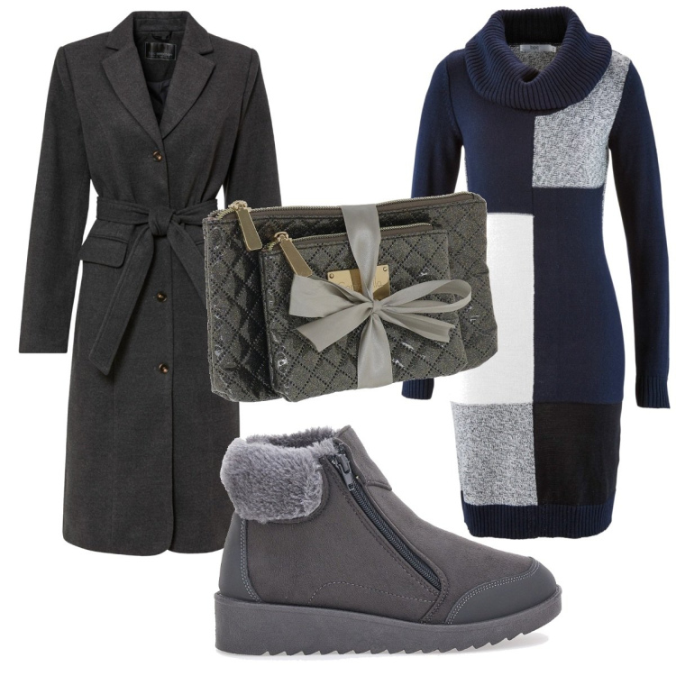 Outfit donna - Total look #1786940. Stile Trendy per Tutti i giorni. Abbinamento con vestiti midi/longuette, cappotti, pochette, stivali da neve.