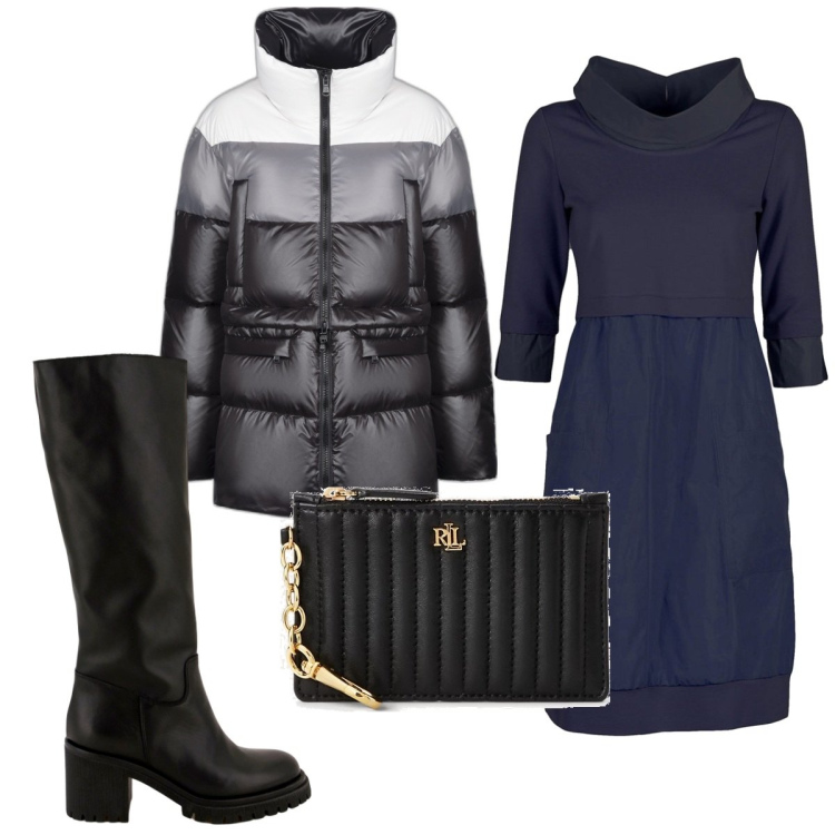 Outfit donna - Total look #1786960. Stile Trendy per Tutti i giorni. Abbinamento con stivali sopra il ginocchio, piumini, portafogli, vestiti.