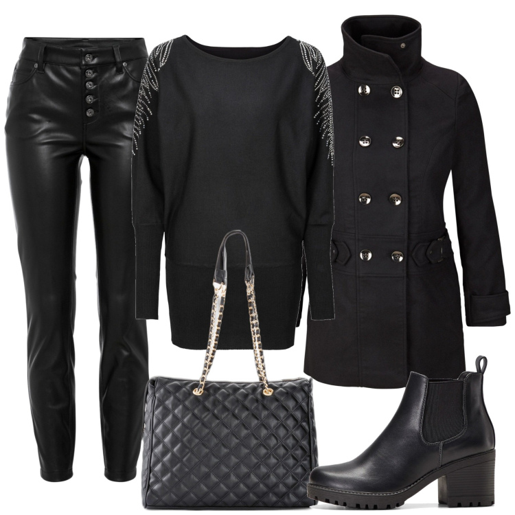 Outfit donna - Capodanno a casa di amici. Stile Casual chic per Serata fuori. Abbinamento con maglieria, stivaletti chelsea, shopping bag, pantaloni, blazer.