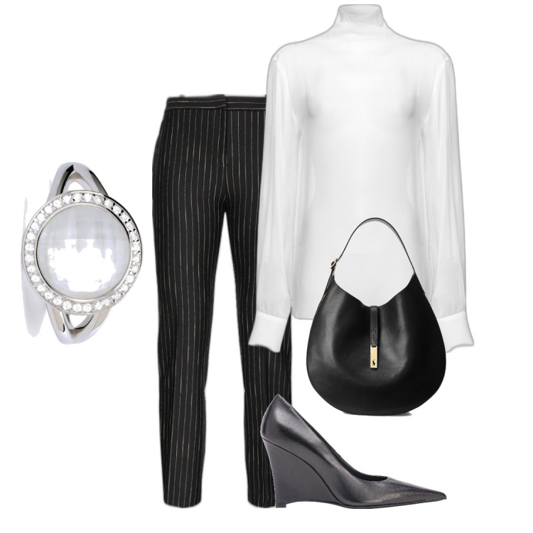 Outfit donna - Total look #1786987. Stile Chic per Ufficio. Abbinamento con anelli, décolleté, bluse, pantaloni, borse a spalla.