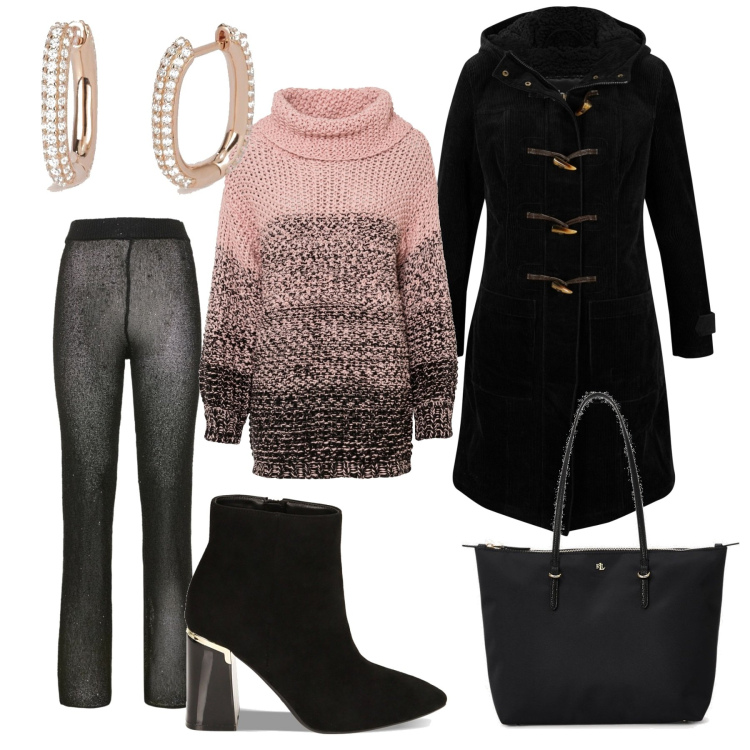 Outfit donna - Natale comodo e di stile. Stile Casual chic per Tutti i giorni. Abbinamento con montgomery, maglieria, orecchini, stivaletti, borse tote, pantaloni.