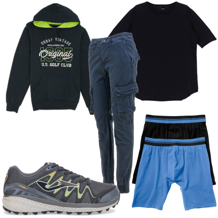 Outfit uomo - Total look #1786998. Stile Trendy per Tutti i giorni. Abbinamento con boxer, t-shirt, pantaloni cargo, felpe con cappuccio, sneakers.