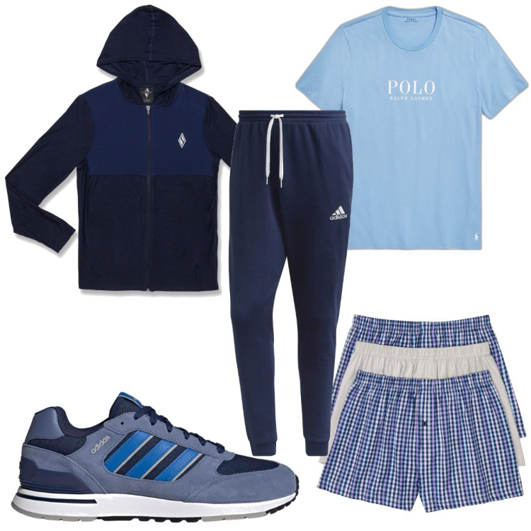 Outfit uomo - Total look #1787000. Stile Trendy per Sport. Abbinamento con boxer, t-shirt, pantaloni, felpe con cappuccio, sneakers.