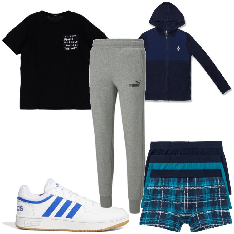 Outfit uomo - Total look #1787003. Stile Trendy per Sport. Abbinamento con boxer, t-shirt, pantaloni, felpe con cappuccio, sneakers.