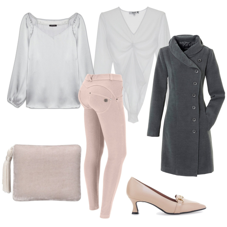 Outfit donna - La blusa grigio perla. Stile Chic per Tutti i giorni. Abbinamento con cappotti, body, pantaloni skinny, bluse, décolleté, pochette.