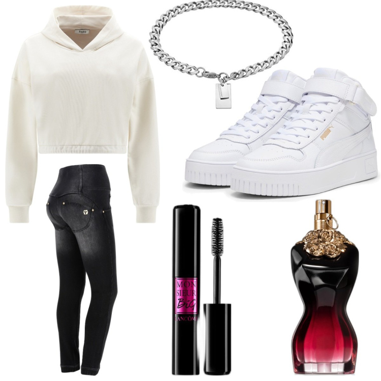 Outfit donna - Scuola. Stile Casual chic per Scuola/Università. Abbinamento con profumi, mascara, jeans skinny, felpe con cappuccio, braccialetti, sneakers.