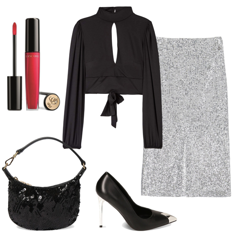Outfit donna - Gonna luminosa. Stile Chic per Serata fuori. Abbinamento con gloss, t-shirt, décolleté, gonne longuette, pochette.