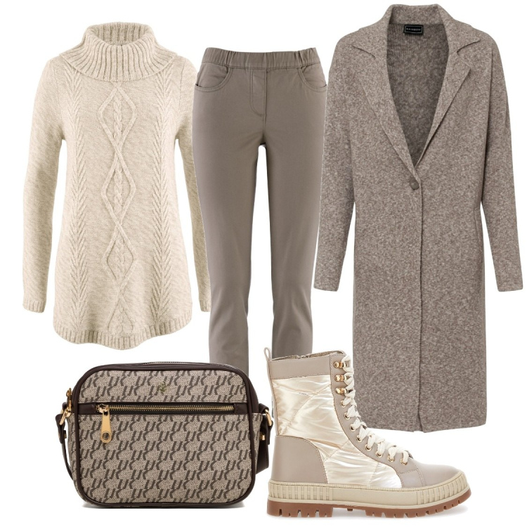 Outfit donna - La tracolla da passeggio. Stile Casual per Tutti i giorni. Abbinamento con pantaloni, cappotti, maglieria, borse a tracolla, stivaletti.