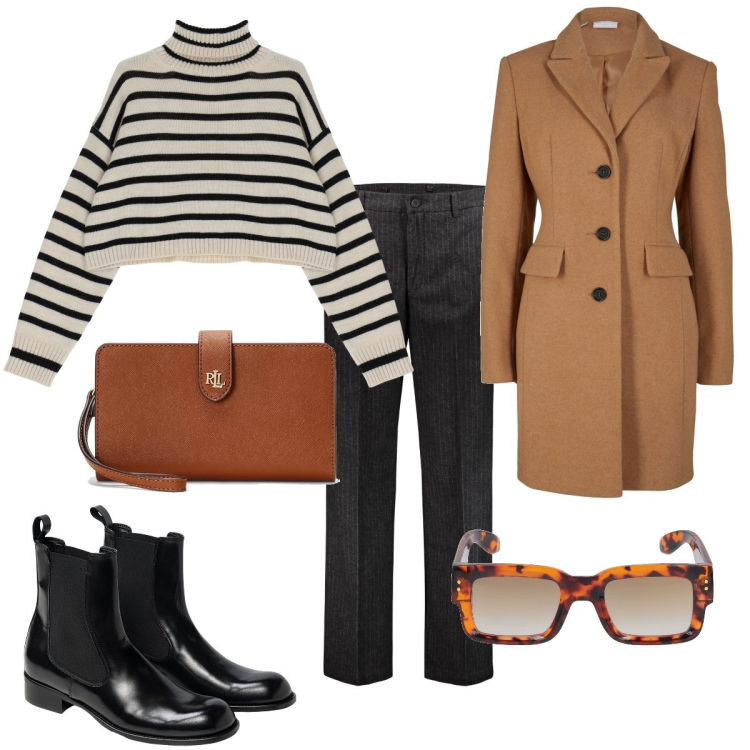 Outfit donna - Total look #1787049. Stile Mannish per Tutti i giorni. Abbinamento con cappotti, maglieria, pantaloni, stivaletti chelsea, pochette, occhiali da sole.