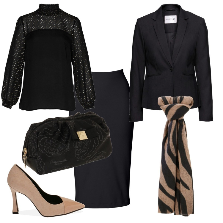 Outfit donna - Total look #1787050. Stile Chic per Serata fuori. Abbinamento con gonne longuette, blazer, tuniche, sciarpe, décolleté, valigie.