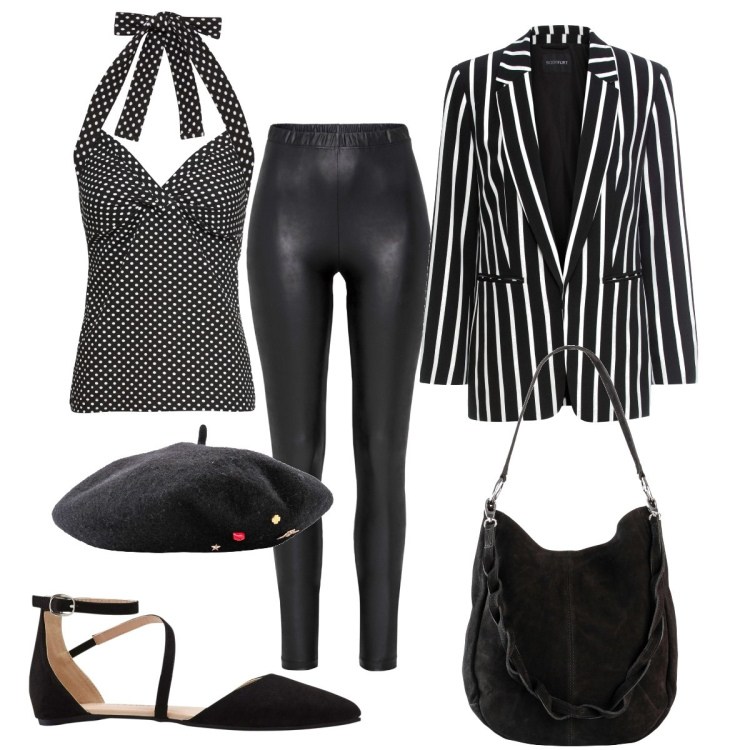Outfit donna - Total look #1787055. Stile Romantica per Serata fuori. Abbinamento con cappelli e berretti, blazer, borse a mano, top, treggings, ballerine.