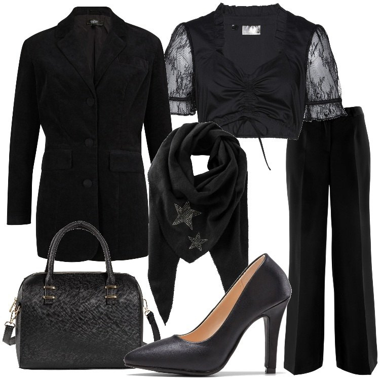 Outfit donna - Capodanno con bonprix. Stile Chic per Serata fuori. Abbinamento con foulard, pantaloni, camicie, blazer, borse a mano, décolleté.