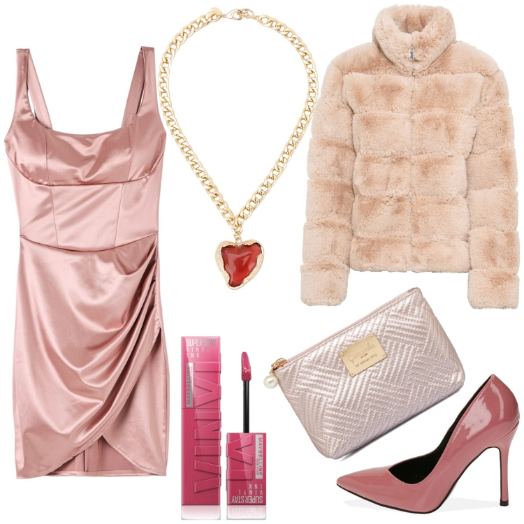 Outfit donna - Pronta per il party. Stile Sexy per Serata fuori. Abbinamento con ecopellicce, rossetti, vestiti corti, décolleté, valigie, collane.