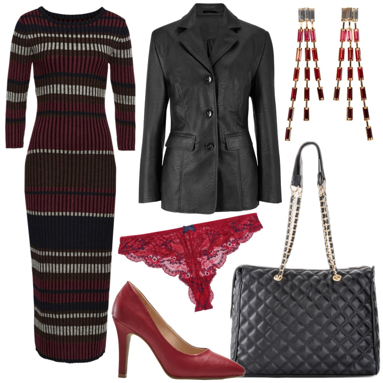 Outfit donna - Il tubino longuette in maglia. Stile Chic per Serata fuori. Abbinamento con blazer, shopping bag, orecchini, vestiti lunghi, décolleté, perizomi.